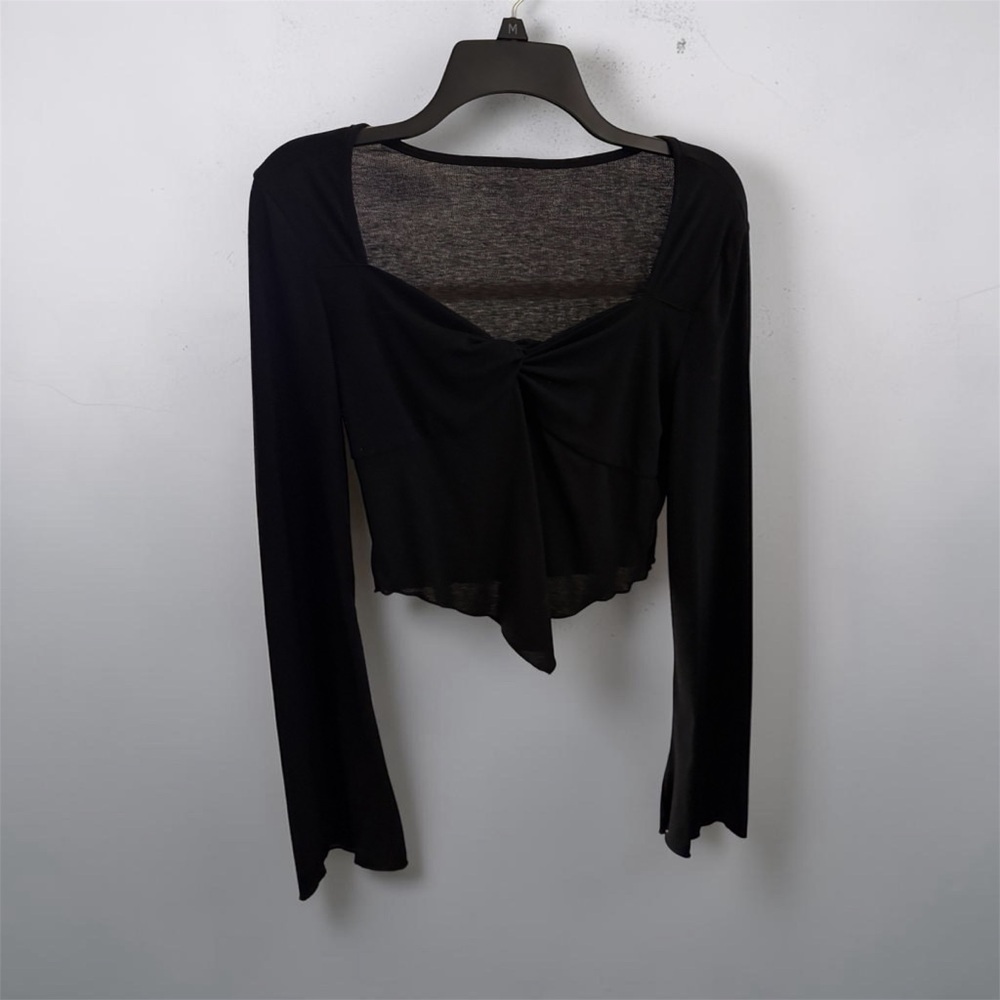 Black Long-Sleeve Twist Front Crop Top